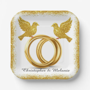 Golden Birds Embracing in Elegant Artistic Display Paper Plate
