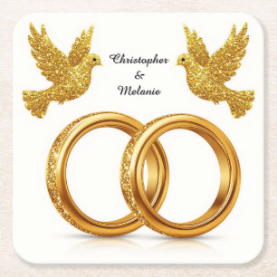 Golden Birds Embracing in Elegant Artistic Display Square Paper Coaster