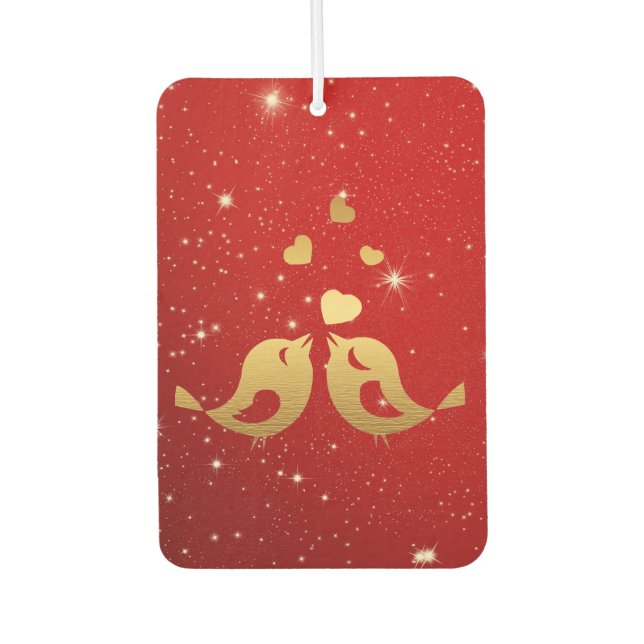 Golden Birds Hearts Red Shiny Beautiful Rustic Car Air Freshener (Front)