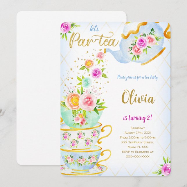 Golden Birthday Tea Party Invitation (Front/Back)