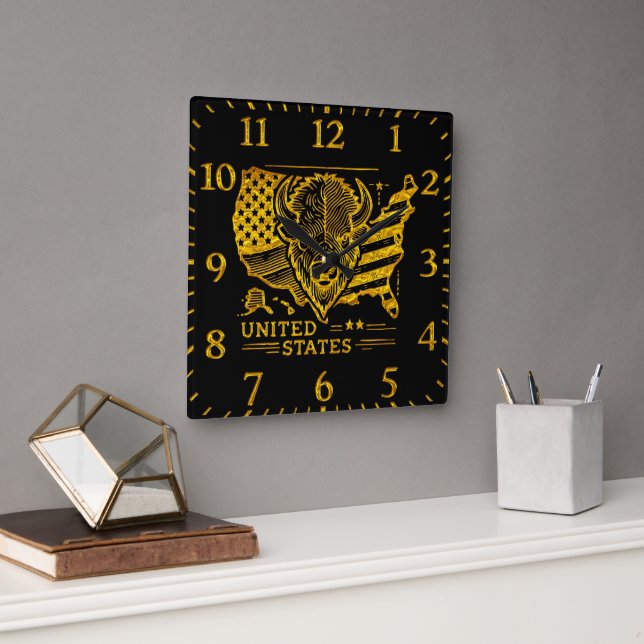 Golden Bison Illustration With USA Map and Flag Square Wall Clock (Office)