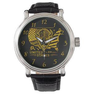 Golden Bison Illustration With USA Map and Flag Watch