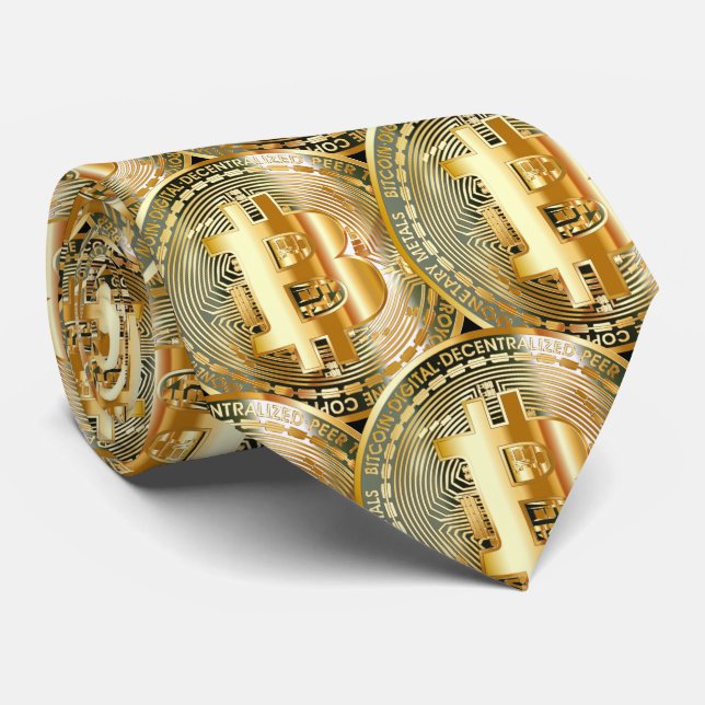 Golden Bitcoin Cryptocurrency Pattern Power  Tie (Rolled)