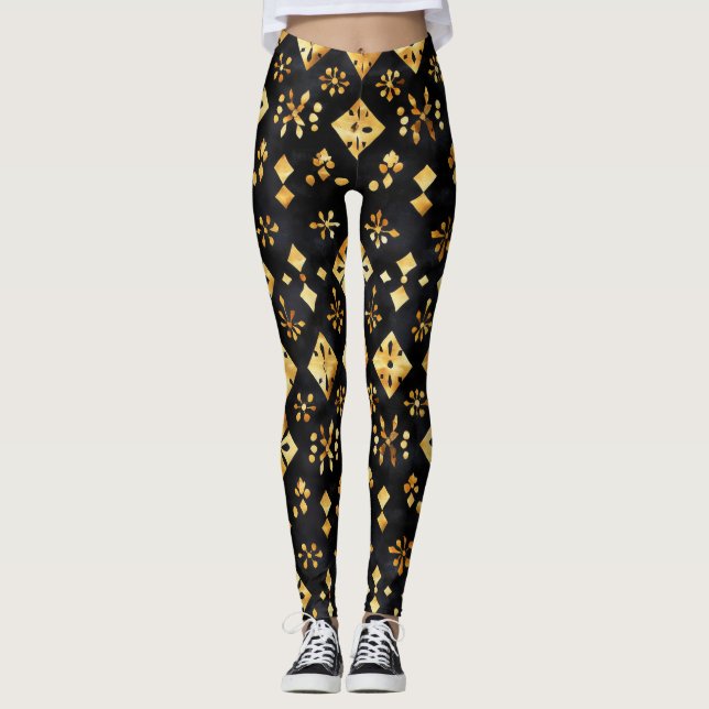 Golden Black Abstract Pattern Leggings (Front)