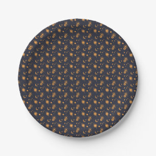 Golden black celestial sun moon galaxy pattern paper plate