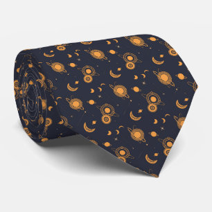 Golden black celestial sun moon galaxy pattern tie