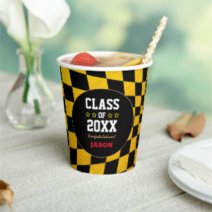 Golden / Black Checked Graduating Class Year Paper Cups