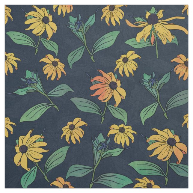 Golden Black-Eyed Daisy Flowers Dark Blue Design Fabric (Swatch)