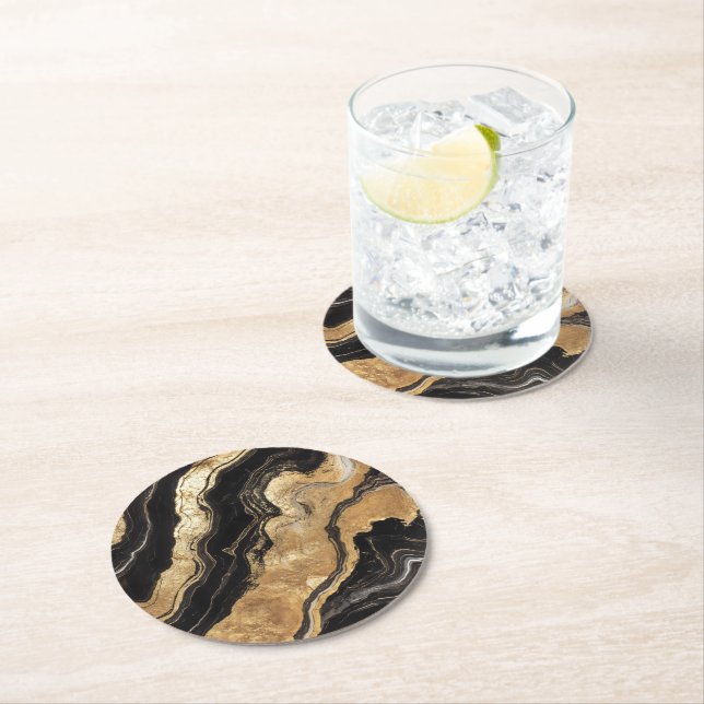 Golden Black Marble Pattern Round Paper Coaster (Insitu)