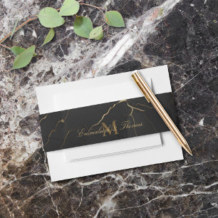 Golden Black Marble Wedding Invitation Belly Band