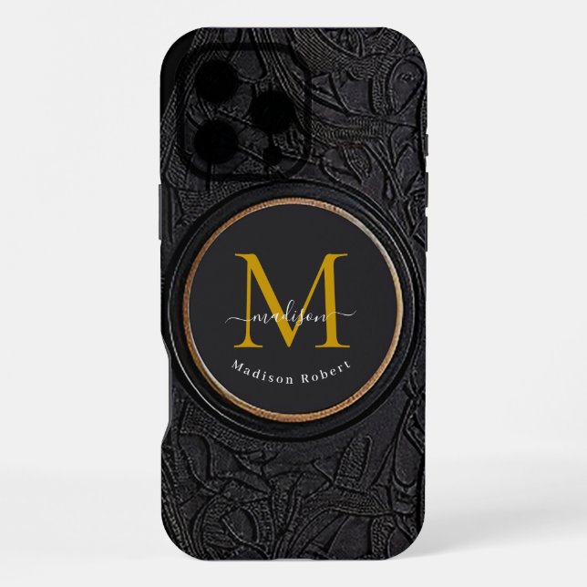 Golden & Black Modern Script Bold Monogram Initial iPhone Case (Back)