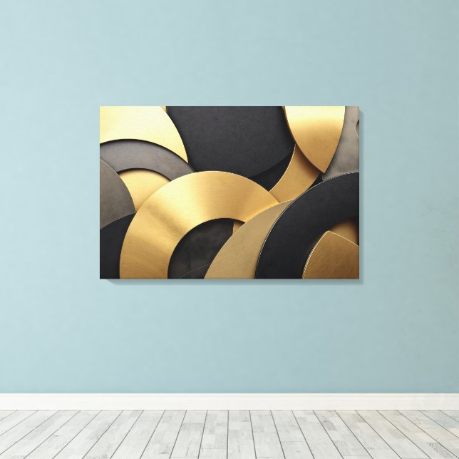 Golden & Black Overlapping Geometric Abstract Canvas Print (Insitu(Wood Floor))