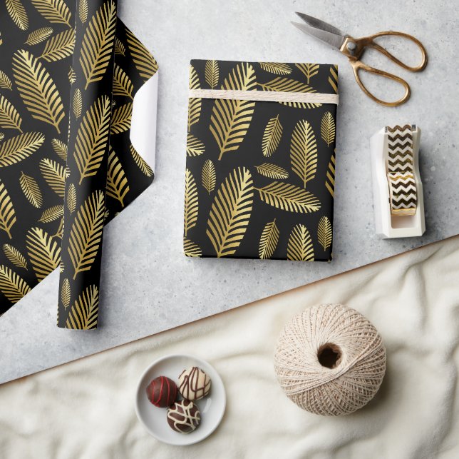 Golden Black Palm Leaf Pattern Wrapping Paper (Crafts)