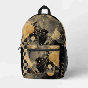 Golden Black Polka Dots and Chessboard Pattern Printed Backpack