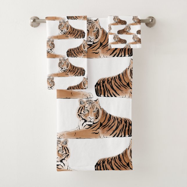 Golden & Black Tiger Animal White Design Bath Towel Set (Insitu)