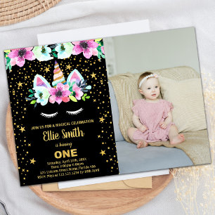 Golden Black Unicorn Birthday Invitations w photo