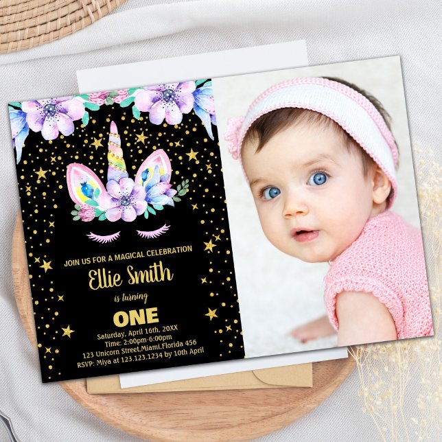 Golden Black Unicorn Birthday Invitations w photo (Golden Black Unicorn Birthday Invitations w photo)