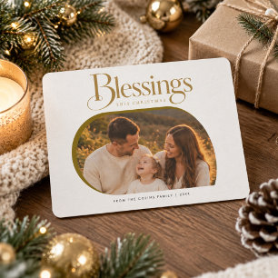 Golden Blessings Family Photo Religious Christmas Holiday Card