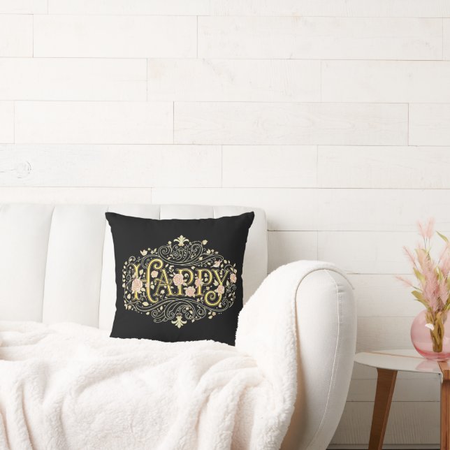 Golden Bliss: Elegant Floral Happy Cushion (Couch)