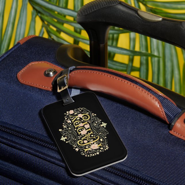 Golden Bliss: Elegant Floral Happy Luggage Tag (Front Insitu 1)