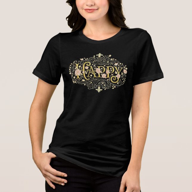 Golden Bliss: Elegant Floral Happy Tri-Blend Shirt (Front)