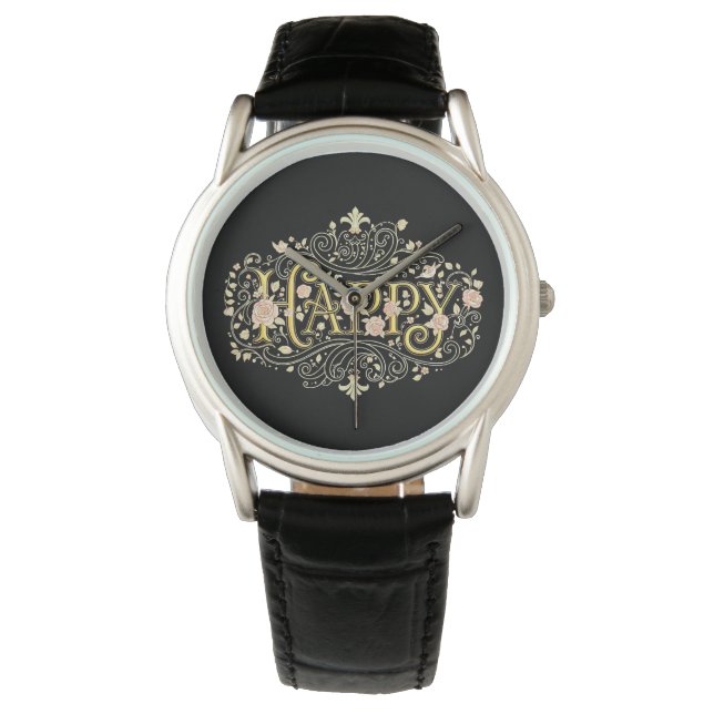 Golden Bliss: Elegant Floral Happy Watch (Front)