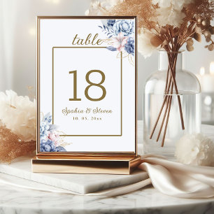Golden Bloom: Blue & White Floral Wedding Table Number