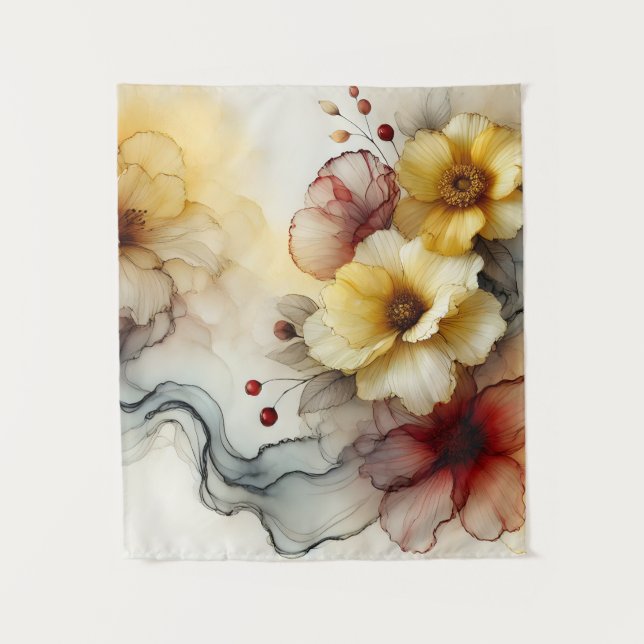 "Golden Bloom Elegance: Abstract Floral Serenity" Tapestry (Front)