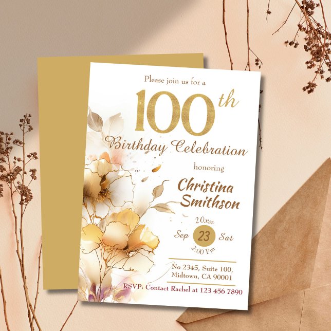 Golden Bloom floral elegant modern 100th Birthday Invitation (Creator Uploaded)
