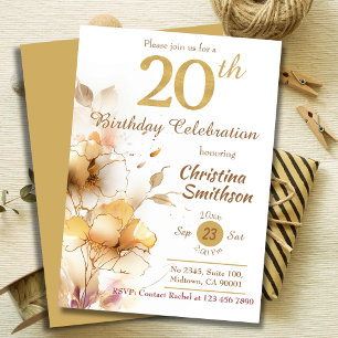 Golden Bloom - floral elegant modern 20th Birthday Invitation