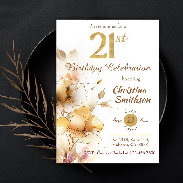 Golden Bloom - floral elegant modern 21st Birthday Invitation (Creator Uploaded)