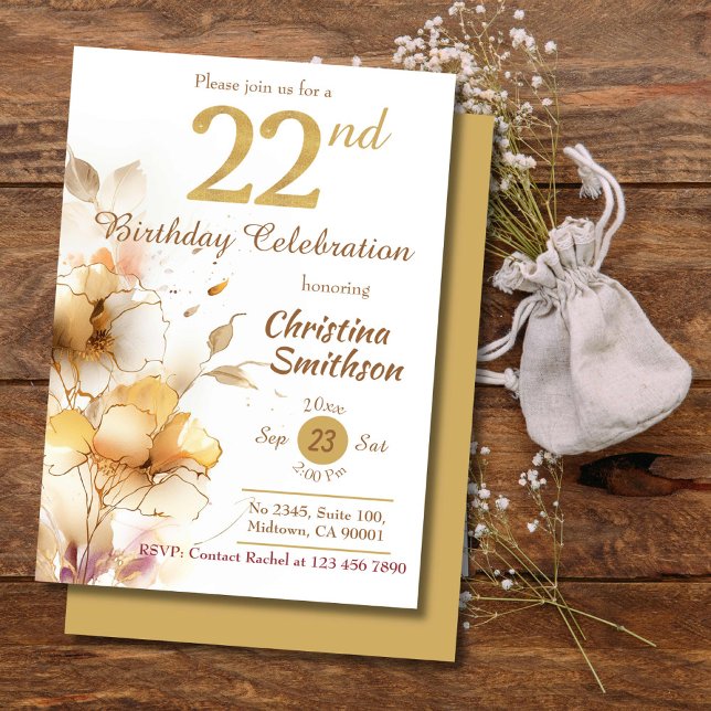Golden Bloom - floral elegant modern 22nd Birthday Invitation (Creator Uploaded)