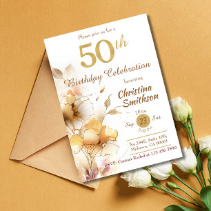 Golden Bloom - floral elegant modern 50th Birthday Invitation