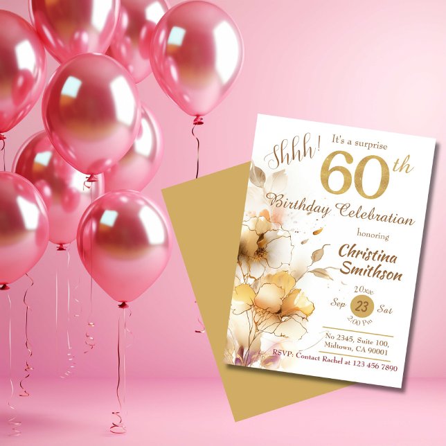 Golden bloom floral elegant surprise 60th Birthday Invitation (Creator Uploaded)