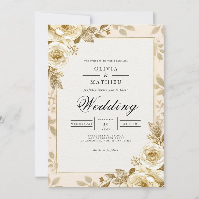 Golden Bloom Floral Frame Wedding Invitation (Front)