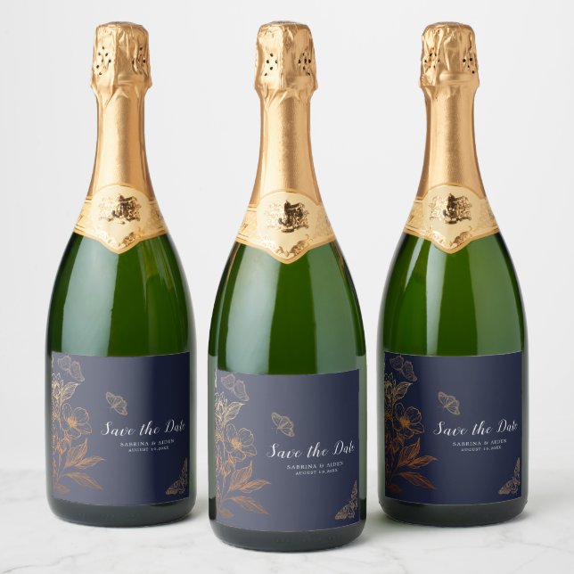 "Golden Bloom Of Love" | Romantic Navy Wedding  Sparkling Wine Label (Bottles)