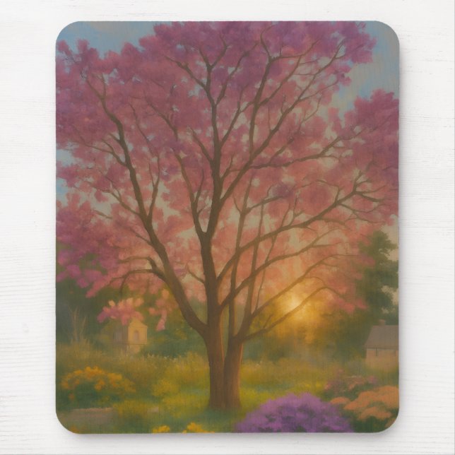 Golden Bloom – Sunset Garden Painting Mouse Pad (Front)