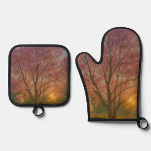 Golden Bloom – Sunset Garden Painting Oven Mitt & Pot Holder Set
