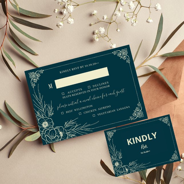 Golden Bloom Three 3 Meal Choice Wedding RSVP Card (Creator Uploaded)