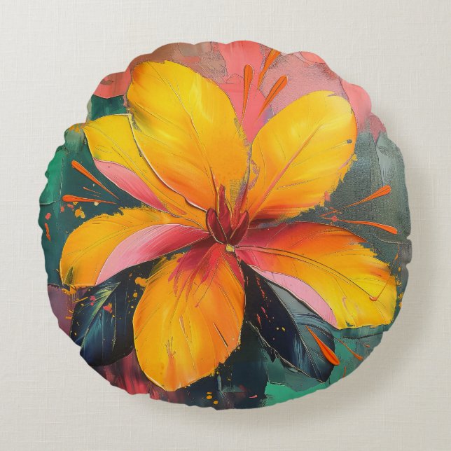 Golden Bloom – Vibrant Abstract Floral Expression Round Cushion (Front)