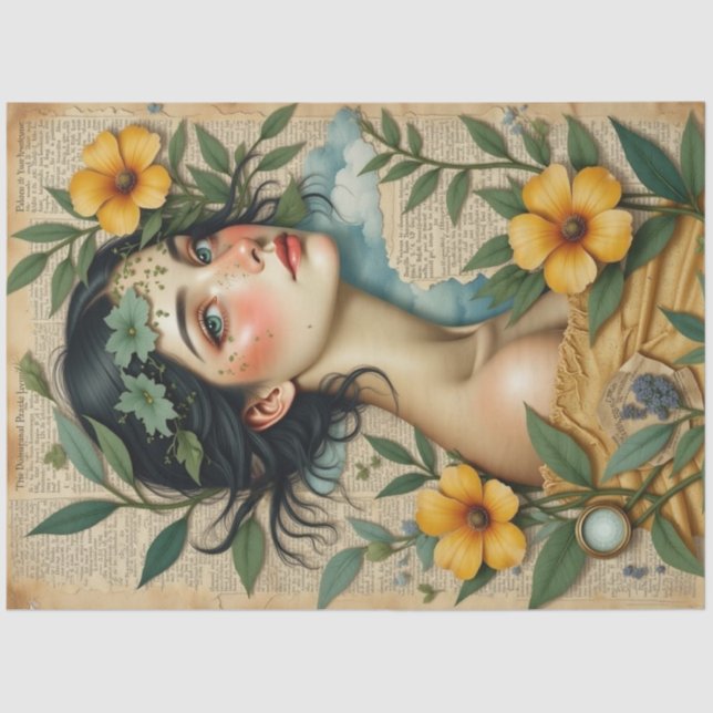 Golden Bloom – Woman with Yellow Flowers Decoupage Tissue Paper (Front)