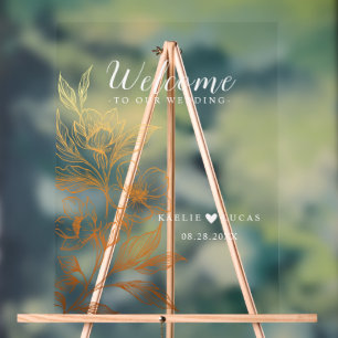 "Golden Blooms Of Love"   Black Wedding Welcome Acrylic Sign