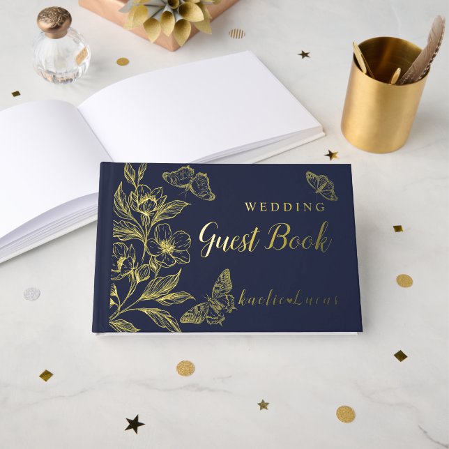 "Golden Blooms Of Love" | Romantic Navy Wedding  Guest Book (Front Open)