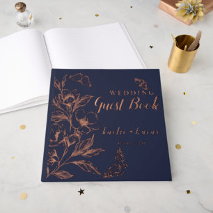"Golden Blooms Of Love" Romantic Navy Wedding Guest Book