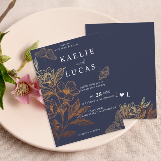 "Golden Blooms Of Love" | Romantic Navy Wedding In Invitation (Creator Uploaded)