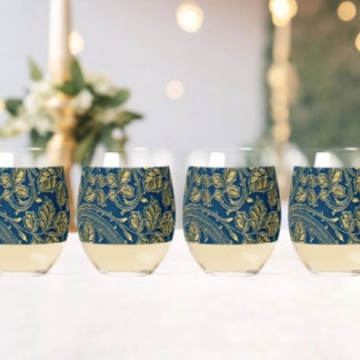 Golden Blossom Elegance  Stemless Wine Glass