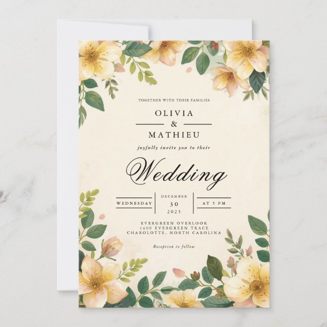 Golden Blossom Flourish Wedding Invitation (Front)