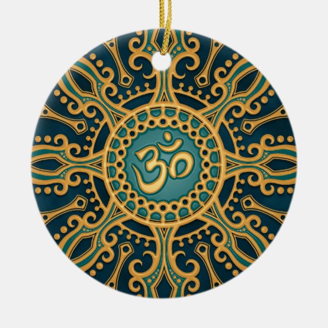 Golden Blue Aum Star Ceramic Tree Decoration (Front)