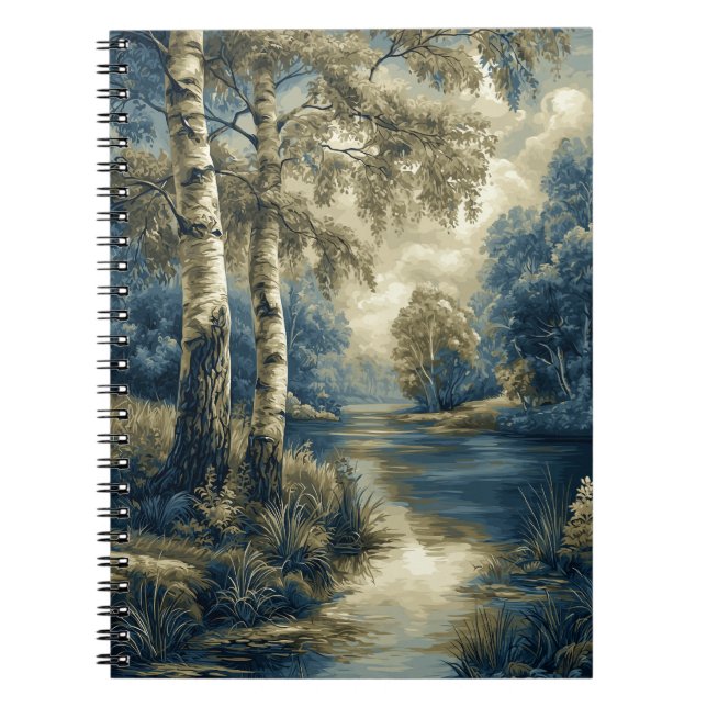 Golden Blue Birch Trees by the Riverside Notebook (Front)