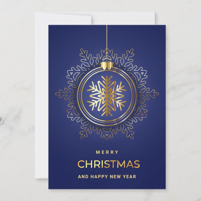 Golden Blue Christmas Ornament Corporate Greeting Holiday Card (Front)
